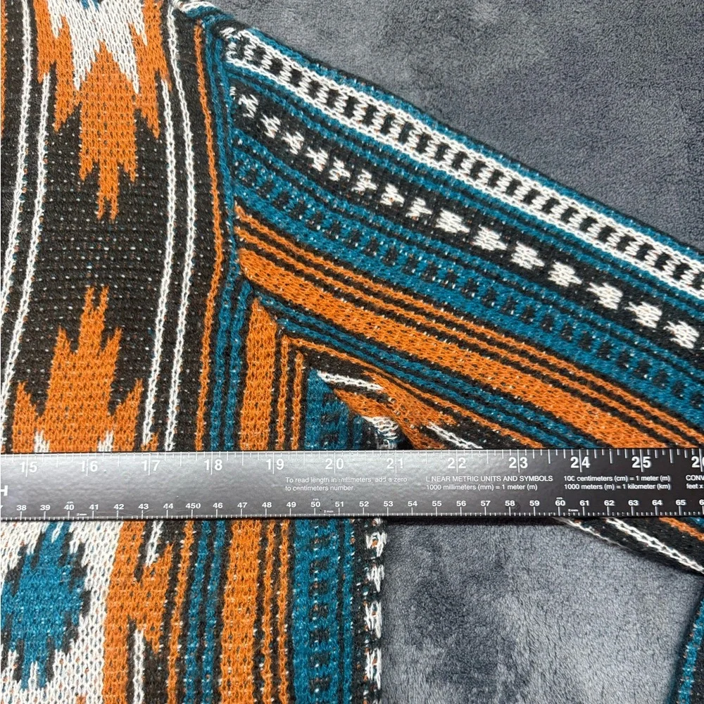 Open-Front Southwestern Pattern Long Cardigan Sweater - Teal, Rust, Cream - Picture 10 of 10